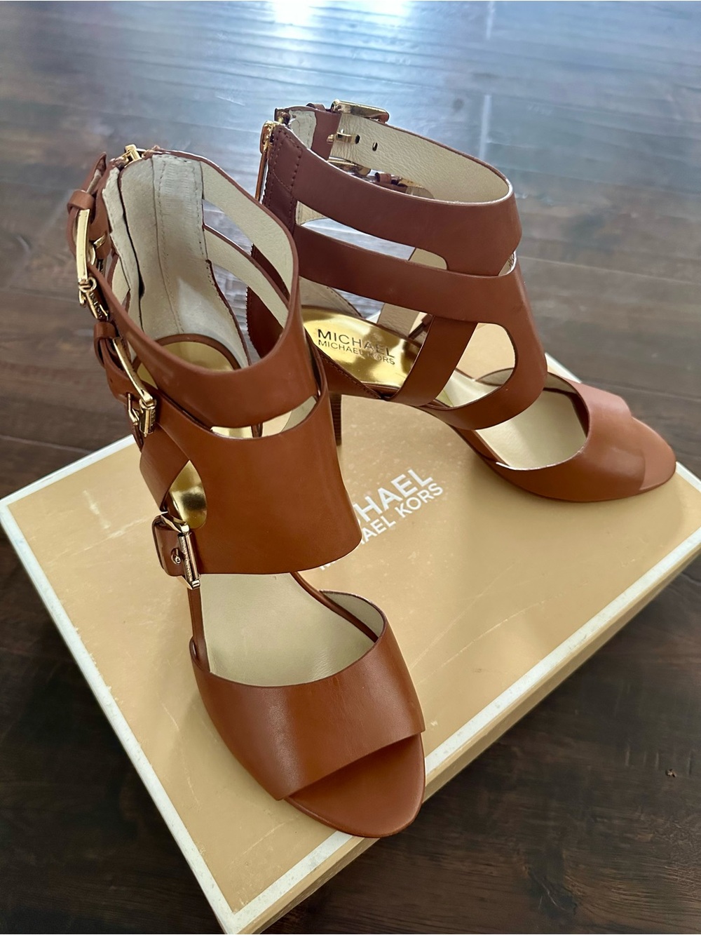 Michael Kors Tan Brown Strappy Leather Heeled Sandals
